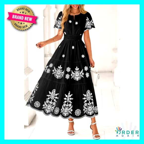 Boho Floral Maxi Dress V Neck Short Sleeve Elastic Waist Pockets Tiered - Picture 5 of 7